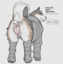 animal_genitalia animal_vulva anus anus_only ass canid canine canine_genitalia canine_vulva canis clothed clothed_feral clothing dialogue domestic_dog female feral genitals hoodie husky hybrid katya_(syn-6) leg_warmers legwear mammal musk musk_cloud musky_pussy necktie nordic_sled_dog presenting presenting_hindquarters pussy raised_tail simple_background slightly_chubby solo spade_bulge spitz sweatshirt syn-6 tail topwear white_background wolf wtf