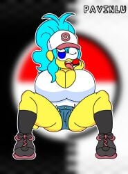 3d_glasses ass_focus baseball_cap big_ass big_breasts big_butt black_boots boots breasts cap clothing cosplay denim_shorts glasses happy hat hilda_(pokemon) hyper_breasts licking licking_balls long_hair mask minishorts one_eye_closed original_character original_characters pavin pavinlu pokeball pokemon pokemon_bw ponytail shorts spread_legs thick_thighs thunder_thighs yellow_skin