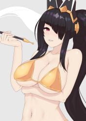 1female 1girls bikini cassandra_(dragalia_lost) cygames dragalia_lost eye_covering_bang female female_only golden_bikini golden_week hair_accessory hair_covering_eye hexel hexel_chan holding_object large_breasts milf nintendo ponytail red_eyes swimsuit swimwear