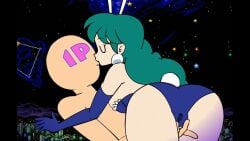 1boy 1boys akane_(parodius) aqua_hair ass big_ass big_breasts blue_eyes blue_glove breasts bunny_ears bunny_tail bunnysuit city city_background cityscape earings female green_hair hikaru_(parodius) kissing long_hair making_out male minus8 night night_sky parodius parodius_animation_(minus8) sideboob