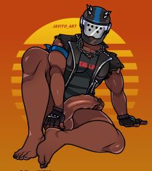 1boy bara bara_tits barazoku big_balls big_breasts big_nipples big_penis black_body black_penis fortnite fortnite:_battle_royale half-dressed helmet javito_art male male_only mask masked masked_male muscles muscular muscular_male penis rust_(fortnite)