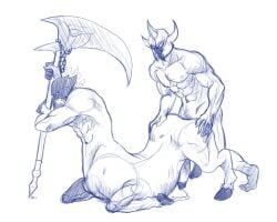 2boys anal anal_sex animal_genitalia animal_penis balls boner centaur cum erection gay hecarim league_of_legends male male/male male_only monochrome mordekaiser nude penis quote-the-fallen sex taur