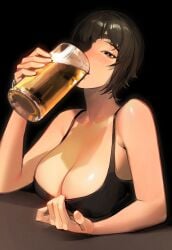 1girls alcohol beer beer_mug big_breasts black_hair blush breast_press chainsaw_man cleavage drinking drunk eyepatch female female_only himeno_(chainsaw_man) huge_breasts light-skinned_female limart painting_(artwork) pulling_clothing shirt_pull short_hair tank_top upper_body