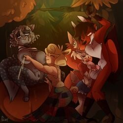 autumn breast_sucking breasts cat_ears cat_tail catboy catgirl forest forest_background forest_sex fox furry furry_only grey_fur kneeling leopard_print llama milking milking_breasts milking_cum orange_hair pumpkin sucking_nipples tied_arms tied_hands tied_up vivvian-vulpes vivvian_vulpes wolf_girl