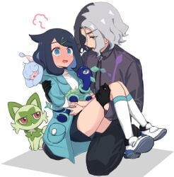 1boy 1girls amethio_(pokemon) blush bridal_carry hatenna liko_(pokemon) not_porn pokemon pokemon_(species) pokemon_horizons sprigatito terapagos two_tone_hair