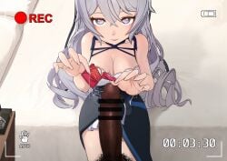 1boy bar_censor bed breasts bronya_zaychik bronya_zaychik_(silverwing:_n-ex) censored cheating cleavage closed_mouth condom condom_wrapper dark-skinned_male dark_skin dress drill_hair earrings erection female fingernails grey_eyes grey_hair highres honkai_(series) honkai_impact_3rd jewelry large_breasts large_penis long_hair looking_at_viewer male_pubic_hair netorare penis pillow pov pubic_hair queen_of_spades queen_of_spades_symbol recording single_earring sleeveless sleeveless_dress smile solo_focus spade_earrings straight twin_drills very_long_hair viewfinder white_dress yomigaeru