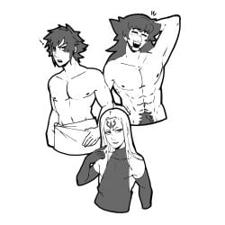 ! 3boys abs arm_behind_head armpits bare_arms bluueygooey closed_eyes elbow_gloves fire_emblem fire_emblem_awakening fire_emblem_fates gloves izana_(fire_emblem) leon_(pokemon) leotard lon'qu_(fire_emblem) long_hair male male_only male_pubic_hair multiple_boys muscular muscular_male naked_towel nintendo open_mouth pointing pointing_at_self pokemon pubic_hair shocked short_hair smile topless towel upper_body