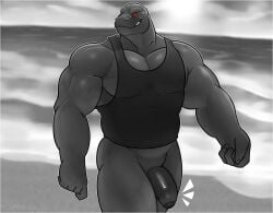 1boy absurd_res anthro beach biceps bottomless clothed clothing detailed_background digital_media_(artwork) epic_games flaccid foreskin fortnite genitals hi_res humanoid_genitalia humanoid_penis jayjay_(artist) komodo_dragon lizard male male_only monitor_lizard monochrome muscular muscular_anthro muscular_male outside pecs penis red_sclera reptile scales scalie sea seaside shirt sky smile smirk solo tank_top teeth thick_penis thick_thighs thunder_(fortnite) topwear triceps water