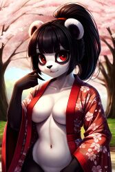 ai_generated anthro bangs bear black_hair breasts bust cherry_blossoms female female_furry hi_res kimono looking_at_viewer medium_breasts navel nipples panda partially_clothed ponytail red_eyes scarlet_panda solo spazzle