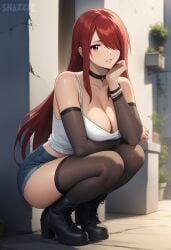 1girls ai_generated bare_shoulders black_footwear boots bracelet breasts brown_eyes choker cleavage collarbone denim_shorts detached_sleeves ear_piercing erza_scarlet fairy_tail hair_over_one_eye hand_on_own_face head_rest large_breasts long_hair looking_at_viewer outdoors parted_lips red_hair sidelocks snazzdaz snazzle solo solo_focus squatting stable_diffusion tank_top thighhighs watermark