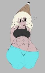 118o8 annoyed annoyed_expression black_eyes blue_pants forsaken forsaken_(roblox) guest_(roblox) ice_cream muscular roblox tank_top