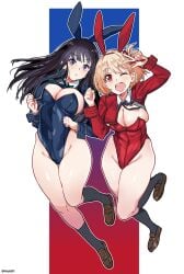 2024 2girls aiuti artist_name big_breasts black_hair black_socks blonde_hair breasts bunny_ears bunnysuit eyebrows eyebrows_visible_through_hair female inoue_takina jpeg leotard long_hair looking_at_viewer lycoris_recoil nishikigi_chisato open_mouth shoes simple_background socks thick_thighs thighs wink winking_at_viewer