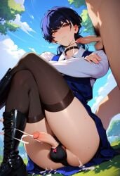 1boy 1futa ai_generated balls_in_panties black_hair boots chainsaw_man choker cumshot dress futanari macklemoreey_(artist) mad mitaka_asa outdoors partial_male partially_clothed pout pubic_hair small_penis stockings