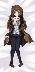 1girls body_pillow brown_eyes brown_hair brown_jacket cleavage eryx03 female female_focus female_only hairband library_of_ruina lobotomy_corporation long_hair long_sleeves malkuth_(lobotomy_corporation) mostly_clothed project_moon shoes_on smile smiling