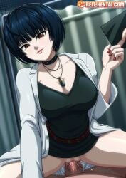 1boy 1girls atlus background big_breasts blue_hair brown_eyes busty cleavage clothed clothed_female_nude_male clothed_sex cowgirl_position girl_on_top large_breasts looking_at_viewer looking_pleasured nurse nursery persona persona_5 pov pov_eye_contact pussy reit short_hair smile tae_takemi vaginal_penetration vaginal_sex voluptuous watermark