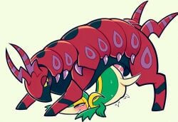 ai_generated ambiguous_gender arthropod blush bodily_fluids duo female feral generation_5_pokemon genitals hellsonger hi_res male multi_leg multi_limb myriapod nintendo pokemon pokemon_(species) saliva scolipede sex simple_background snivy sweat