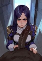 ai_generated angry big_penis blowjob blue_eyes blue_hair caitlyn_kiramman dark-skinned_male dark_penis justgens league_of_legends light-skinned_female male penis pov