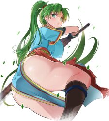 1girls angry ass bare_thighs boots breasts covered_nipples earrings female female_only fire_emblem fire_emblem:_the_blazing_blade from_below gloves green_eyes green_hair hatoboshi large_ass large_breasts long_hair lyn_(fire_emblem) nintendo pelvic_curtain ponytail short_sleeves sword thick_thighs thighs very_long_hair weapon white_background