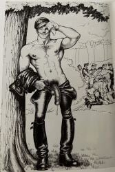 anal_penetration anal_sex big_penis blowjob dick_party fellatio gangbang gay leather_clothing public smile suit_and_tie tom_of_finland traditional_media_(artwork) unzipped_pants wiping_sweat