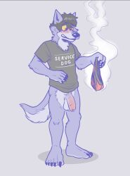 anthro balls big_penis blue_balls blueballs_(character) blush bottomless claws clothed clothing foreskin genitals hi_res male musk penis smelly solo steam toe_claws underwear