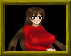 ! 1girls :o big_breasts black_background breasts breasts_focus brown_hair female framed_picture gothtrishy ib long_hair looking_down open_mouth painting painting_(object) red_eyes simple_background solo the_lady_in_red_(ib)