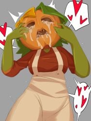 confusedsabron cum_in_container cum_in_eye cum_in_head cum_in_mouth cum_pool excessive_cum female female_only green_hair jacqueline_(monster_prom) monster_camp monster_prom overalls pumpkin pumpkin_head