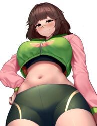 bethyva big_breasts blush looking_at_viewer looking_down one_hand_on_hip original original_character r_ex shorts tomboy underview virtual_youtuber vtuber