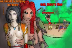 2boys 3girls alternate_costume amaterasu_(smite) background_characters bellona_(smite) black_hair defeated female fight gatosparda goddess groping hi-rez_studios kali_(smite) light-skinned_female light-skinned_male light_skin loki_(smite) male muscular_female mythology red_hair ripped_clothing smite thor_(smite) valkalli_kali yuri