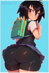 1girls ai_generated ashaa back_view backpack big_ass big_butt bike_shorts black_hair blue_background brown_eyes female female_only marvel pawg peni_parker pleated_skirt school_uniform shorts simple_background skirt solo spider-man:_across_the_spider-verse spider-man:_into_the_spider-verse spider-man_(series) sweater_vest white_outline