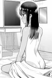 1girls 774_(nanashi) ass blush covering female female_only hayase_nagatoro human manga monochrome naked nude nude_model nude_modeling official_art please_don't_bully_me,_nagatoro solo tanlines