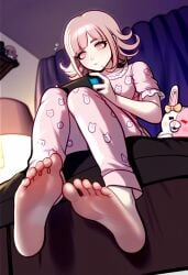 1girls ai_generated barefoot bedroom danganronpa danganronpa_2:_goodbye_despair feet fluffylewdsai foot_fetish from_below monomi_(danganronpa) nanami_chiaki night nintendo_switch on_bed pajamas pale_skin playing_videogame