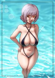 1girls b.fask.b bikini chainsaw_man curvaceous curvy earrings fami_(chainsaw_man) female_only hand_on_hip huge_breasts large_breasts mole mole_under_eye mole_under_mouth orange_eyes short_hair solo solo_female tagme thick thick_thighs voluptuous water white_hair