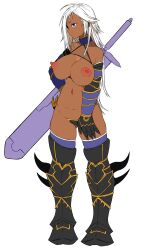 armor armored_boots armored_gloves dark-skinned_female dark_skin final_fantasy final_fantasy_iv fishnet golbez huge_breasts ojigimn sword tagme topless unconvincing_armor voluptuous white_hair