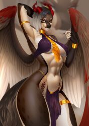 abs anthro athletic athletic_intersex balls bangle barely_visible_genitalia barely_visible_nipples barely_visible_penis bottomwear breasts bulge clothed clothing dragon ember_(kamikazekit) feathered_dragon feathered_scalie feathered_wings feathers flaccid genitals gynomorph hand_behind_head hi_res horn intersex jewelry kilbi loincloth looking_at_viewer midriff mythological_creature mythological_scalie mythology navel nipples no_underwear penis purple_clothing scalie skimpy skimpy_bottomwear skimpy_topwear smile smiling_at_viewer solo tan_body tan_feathers thick_thighs translucent translucent_bottomwear translucent_clothing translucent_topwear wings yellow_eyes