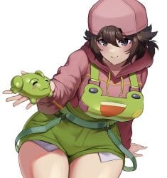 bethyva big_breasts big_thighs frog gad_ddx hair hair_between_eyes hat holding_object looking_at_viewer original original_character overalls simple_background sitting tomboy virtual_youtuber vtuber white_background youtube