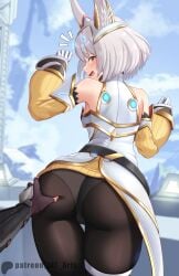 1girls amber_eyes ass ass_focus ass_grab bent_over big_ass bubble_butt cat_ears catgirl dat_ass detached_sleeves face_markings fully_clothed grey_hair mature_female milf nia nia_(xenoblade) panties panties_under_pantyhose panties_visible_through_clothing pantyhose pantylines presenting_ass rex_(xenoblade) short_hair surprised viewer_pov xenoblade_(series) xenoblade_chronicles_2 xenoblade_chronicles_3 z-ki