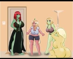 4girls angry big_ass big_breasts black_dress blonde bra curvy female fruit_humanoid ginger green_skin humanoid leshawk multiple_girls nude red_hair red_skin shorts smiling tshirt white_hair yellow_skin