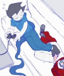 2boys black_hair black_hair_male bottomless clothed clothed_male color colored couch dave_strider feet foot_job footjob gaming gay homestuck ilovedoggirls john_egbert male male/male male_focus male_only on_phone partially_clothed partially_clothed_male short_hair short_hair_male twitter_link white_background yaoi