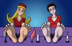 2girls araghenxd barefoot blonde_hair brown_hair earrings feet foot_fetish foot_focus lydia_karaoke miss_information multiple_girls soles stocks tickling tickling_feet ticklish toes warner_brothers