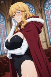 1boy 1girl absurdres adult ai_assisted ai_generated bangs big_breasts black_leotard blonde_hair blush breasts brown_eyes cape cleavage cloak closed_mouth covered_navel cowboy_shot elbow_gloves female frilled_leotard fur-trimmed_cape fur_trim gina_(solo_leveling) gloves hand_on_own_face heeven highleg highleg_leotard highres hood indoors large_breasts leotard long_hair looking_at_viewer male mature orange_eyes patreon patreon_username perfect_body red_cape sensitive shiny shiny_hair shiny_skin smile solo solo_leveling stained_glass strapless strapless_leotard sweatdrop thighs uncensored white_gloves