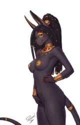 accessory anthro anubian_jackal armor black_body black_fur black_hair black_nose bracers breasts canid canine canis dreadlocks eyelashes female fur furgonomics gold_(metal) gold_jewelry hair hand_on_hip hi_res jackal jewelry mammal nipples nude personalami red_eyes simple_background smile solo tail tail_accessory tail_jewelry white_background yellow_nipples