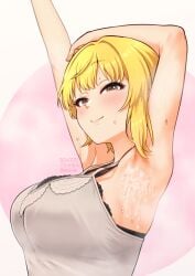 after_ejaculation armpits arms_up artist_name blonde_hair blush breasts camisole commentary_request commission cum cum_on_armpits cum_on_body dated female gojarun grey_camisole highres idolmaster idolmaster_cinderella_girls large_breasts looking_at_viewer miyamoto_frederica presenting_armpit short_hair skeb_commission smile solo steaming_body sweat twitter_username upper_body