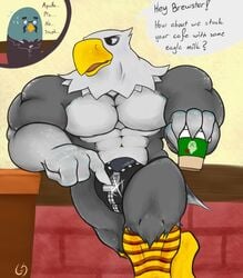 abs animal_crossing anthro apollo_(animal_crossing) avian beak biceps big_muscles bird bow_tie bulge clothing coffee dialogue eagle eyewear facial_hair front_view gay glasses gs hyper hyper_muscles male male_only moustache muscles nintendo pecs penis pose standing suit teasing text thong undressing video_games zipper