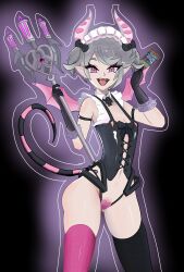 ariane_the_labrynth_servant demon_girl demon_horns demon_tail demon_wings duel_monster elf_ears fangs female holding_object maid nipples_visible_through_clothing pasties pitchfork smiling tight_clothing xzon yu-gi-oh!