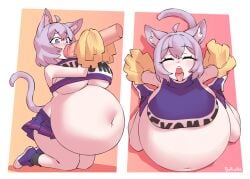 ahoge animal_humanoid belly big_belly big_breasts borvar bottomwear breasts cat_humanoid cheerleader_outfit closed_eyes clothing cumflation disembodied_penis duo felid felid_humanoid feline feline_humanoid fellatio female footwear genitals hair hi_res hololive huge_breasts human humanoid hyper_belly inflation kneeling male male/female mammal mammal_humanoid nekomata_okayu okayu_nekomata open_mouth oral penile penis pom_poms purple_eyes purple_hair sex short_hair signature skirt tail teeth text tongue tongue_out topwear under_boob virtual_youtuber vtuber