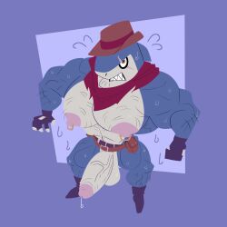 absurd_res anthro ascot balls belt big_balls big_muscles big_penis blue_body bodily_fluids boots clenched_teeth clothing cowboy_hat digital_media_(artwork) dripping erection fish footwear gay genital_fluids genitals gloves handwear hat headgear headwear hi_res indiana_jaws_(yo-kai_watch) level-5 looking_at_viewer male marine muscular muscular_anthro muscular_male nipple_piercing nipple_ring nipples nude pecs penis piercing precum precum_drip ring_piercing scar shark simple_background solo teeth vaniwall yo-kai_watch