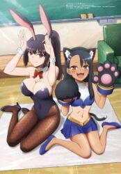 2girls animal_hands bare_arms bare_belly bare_legs bare_shoulders bare_thighs belly_button belly_button_visible_through_clothing big_breasts black_hair black_hairband blush bow bowtie breasts brown_eyes bunny_tail bunnysuit cat_ears cat_tail cheerleader_uniform classroom cleavage covered_navel detached_collar female female_only fishnets gloves hairband hayase_nagatoro high_heels megami_magazine mouth_closed multiple_girls navel no_bra official_art pantyhose please_don't_bully_me,_nagatoro ponytail president_(nagatoro) rabbit_tail red_eyes sana_sunomiya sitting skirt smile tanned tanned_skin thighs