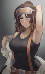 1girls armpits big_breasts blue_eyes blush breasts brown_hair clothing coat dark-skinned_female dark_skin female female_focus female_only goggles_on_head hair_bun limbus_company long_hair looking_at_viewer project_moon ran_(limbus_company) standing sweat sweatdrop tank_top tied_hair