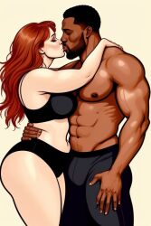 ai_generated bryce_dallas_howard dark-skinned_male dark_skin drawing illustration interracial kissing muscular_male