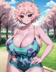 ai_generated ashido_mina big_breasts black_sclera boku_no_hero_academia breasts_bigger_than_head cherry_blossoms cleavage cutoffs female female_only hand_on_hip horn horns huge_breasts large_breasts looking_at_viewer mina_ashido my_hero_academia park pink_hair pink_skin public self_upload short_shorts shorts singlet skindentation smiling smiling_at_viewer sole_female solo solo_focus tagme upper_body voluptuous yellow_eyes